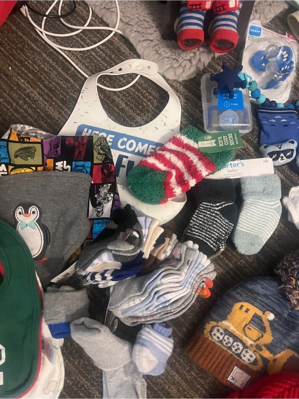 70pc bundled lot of newborn to 12 months boys socks, beanies, caps and shoes
